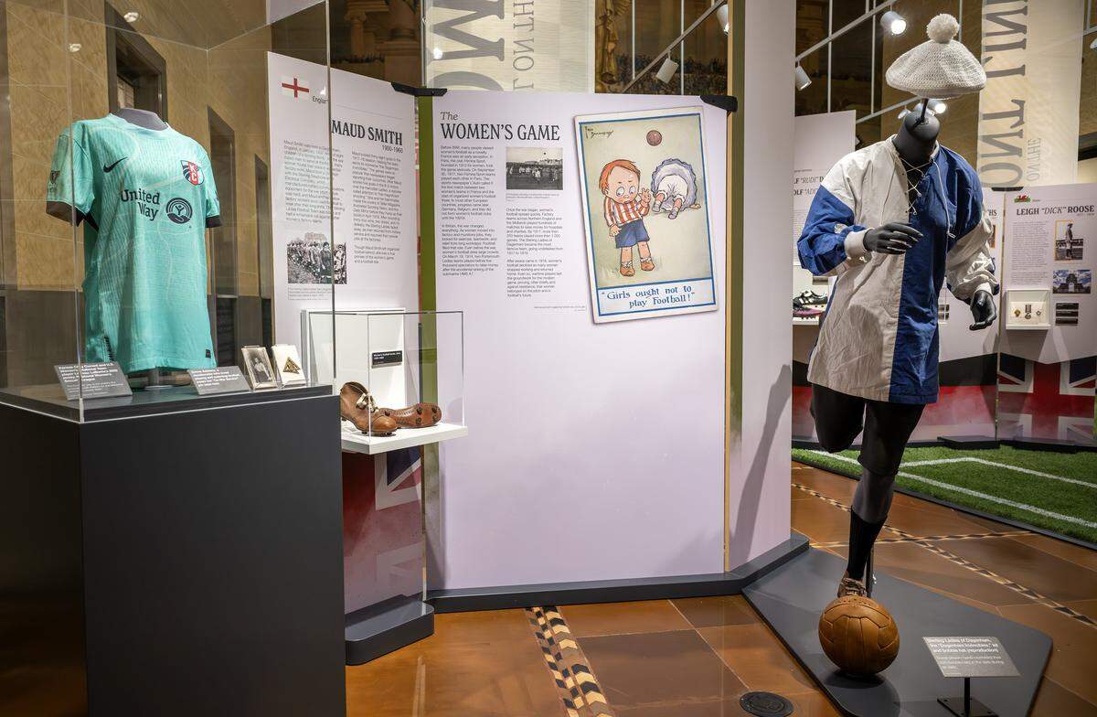 Artifacts from “The Beautiful Game,” a new exhibition highlighting the role of soccer during World War I, are displayed at the National WWI Museum and Memorial on Wednesday, April 1, 2026, in Kansas City.