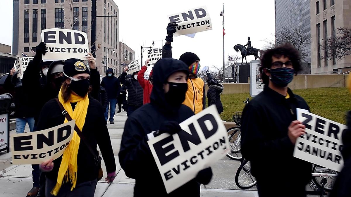 In this file photo, protesters with KC Tenants march to the doors of the Jackson County Courthouse in January. On Thursday, Kansas City Council passed a resolution designed to speed up the distribution of federal emergency rental assistance.