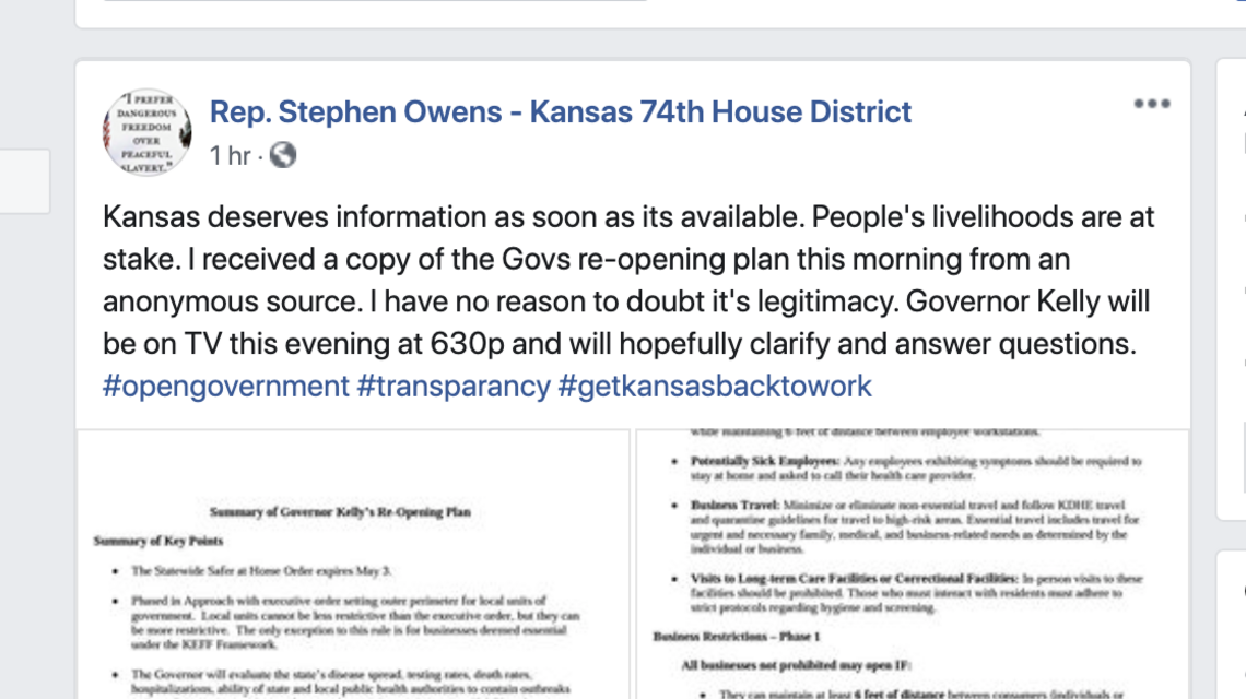 Kansas lawmaker posts purported summary of Kelly’s reopening plan. Here’s what it says