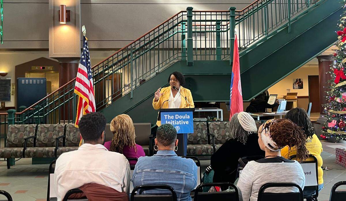 Councilwoman Melissa Robinson, speaks at the announcement of the ‘Doula Initiative’ in an effort to prevent maternal mortality in the city, at the Kansas City Health Department.