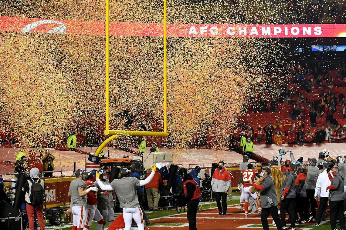 Confetti flies and the Chiefs celebrate defeating the Buffalo Bills 38-24 in the AFC Championship Game at Arrowhead Stadium Sunday Jan. 24, 2021. The Chiefs return to the Super Bowl.