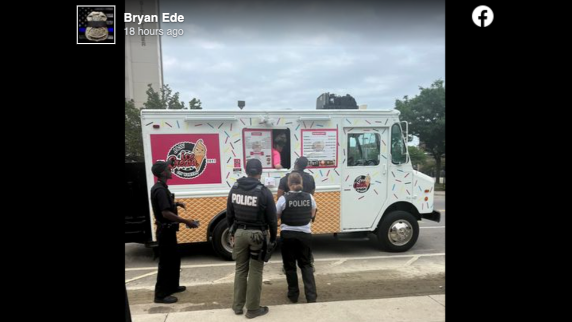 Free ice cream was passed out to police officers near Cold Truth Soft Serve, who recently refused service to cops wearing body armor.