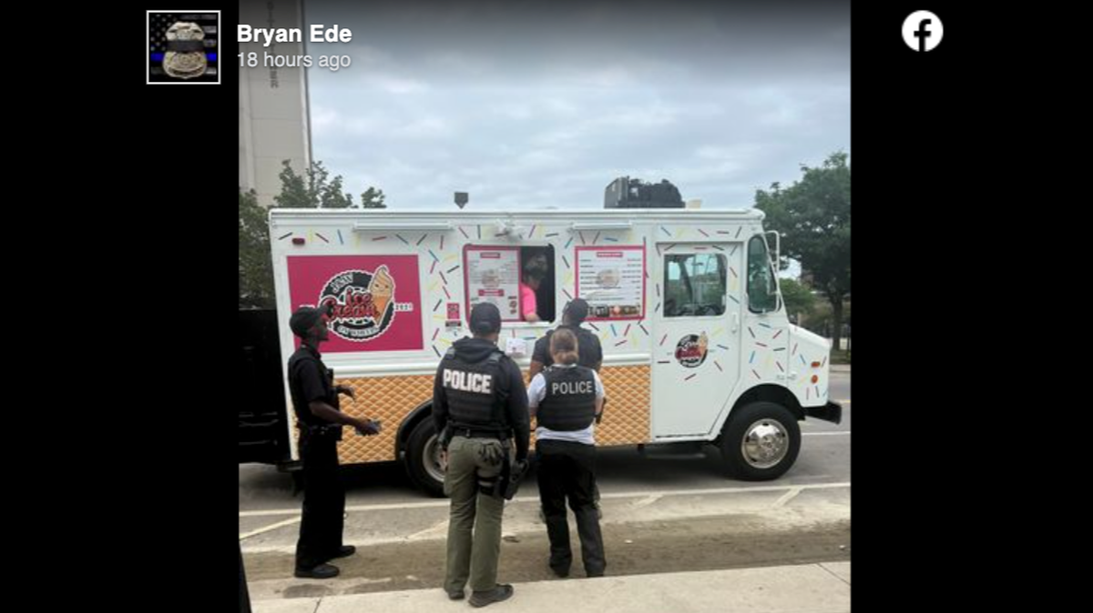 Free ice cream was passed out to police officers near Cold Truth Soft Serve, who recently refused service to cops wearing body armor.