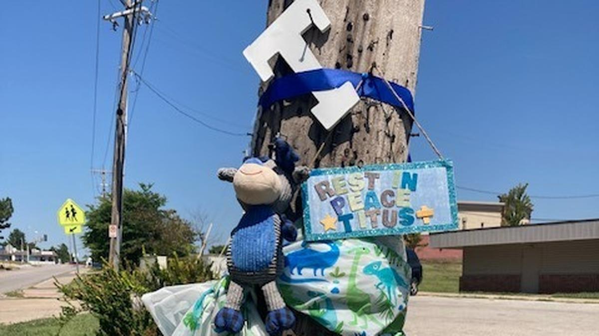 A memorial to 3-year-old Tidus Bass was erected across the street from Independence Towers in Independence, Missouri. The child fell from a window in his 8th floor apartment on July 29, 2024.