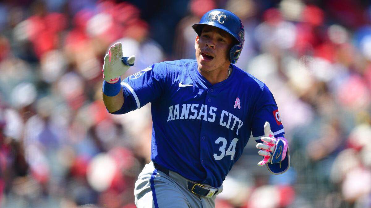 Royals catcher Freddy Fermin celebrates after driving in Kansas City’s first run of a 2024 game against the Los Angeles Angels at Angel Stadium.