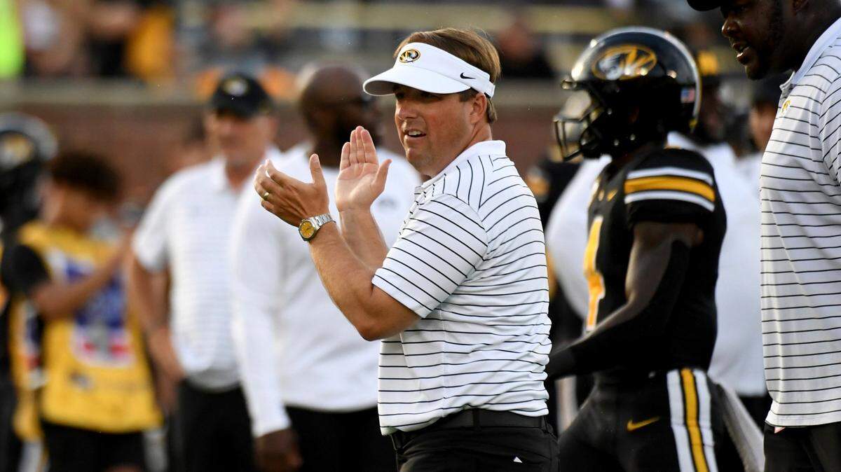 Missouri head coach Eliah Drinkwitz watches before the start of an NCAA college football game against Louisiana Tech on Thursday, Sept. 1, in Columbia, Mo.