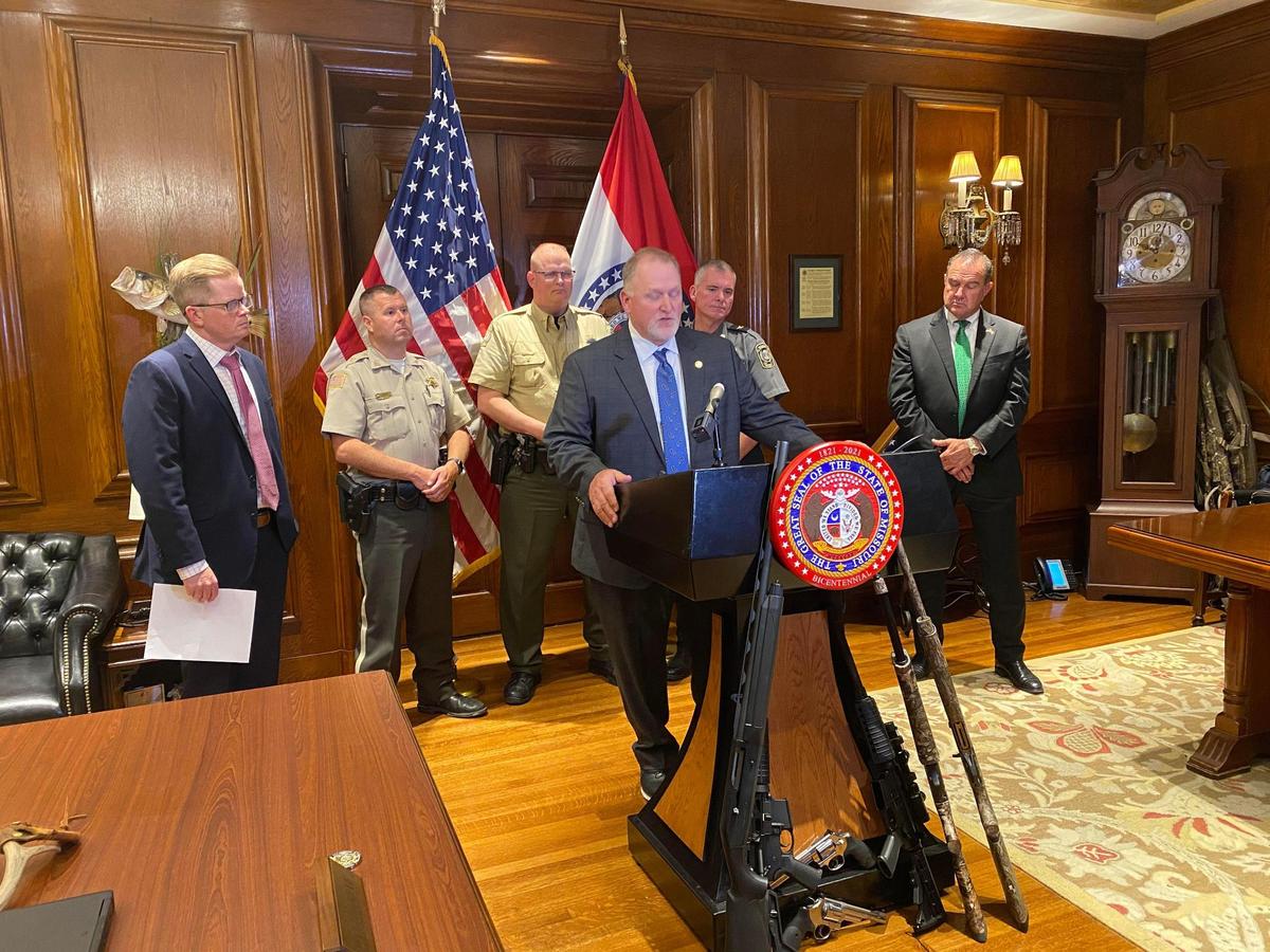 Missouri Senate Republican leadership held a press conference on May 14, 2021, with a show of weapons after passing House Bill 85, which would allow state gun laws to supersede federal gun regulations.
