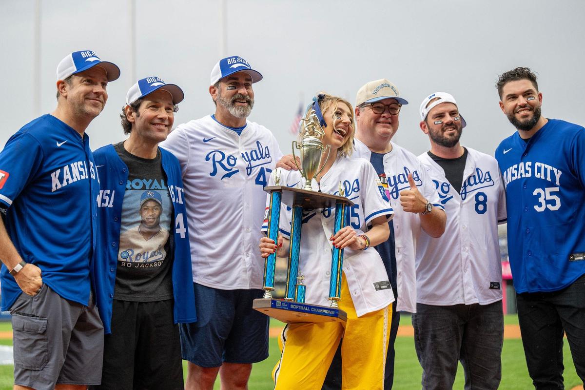 Big Slick hosts Jason Sudeikis, left, Paul Rudd, Rob Riggle, Heidi Gardner, Eric Stonestreet, and former Kansas City Royals players Mike Moustakas, left, and Eric Hosmer posed for a photo at Kauffman Stadium last year.