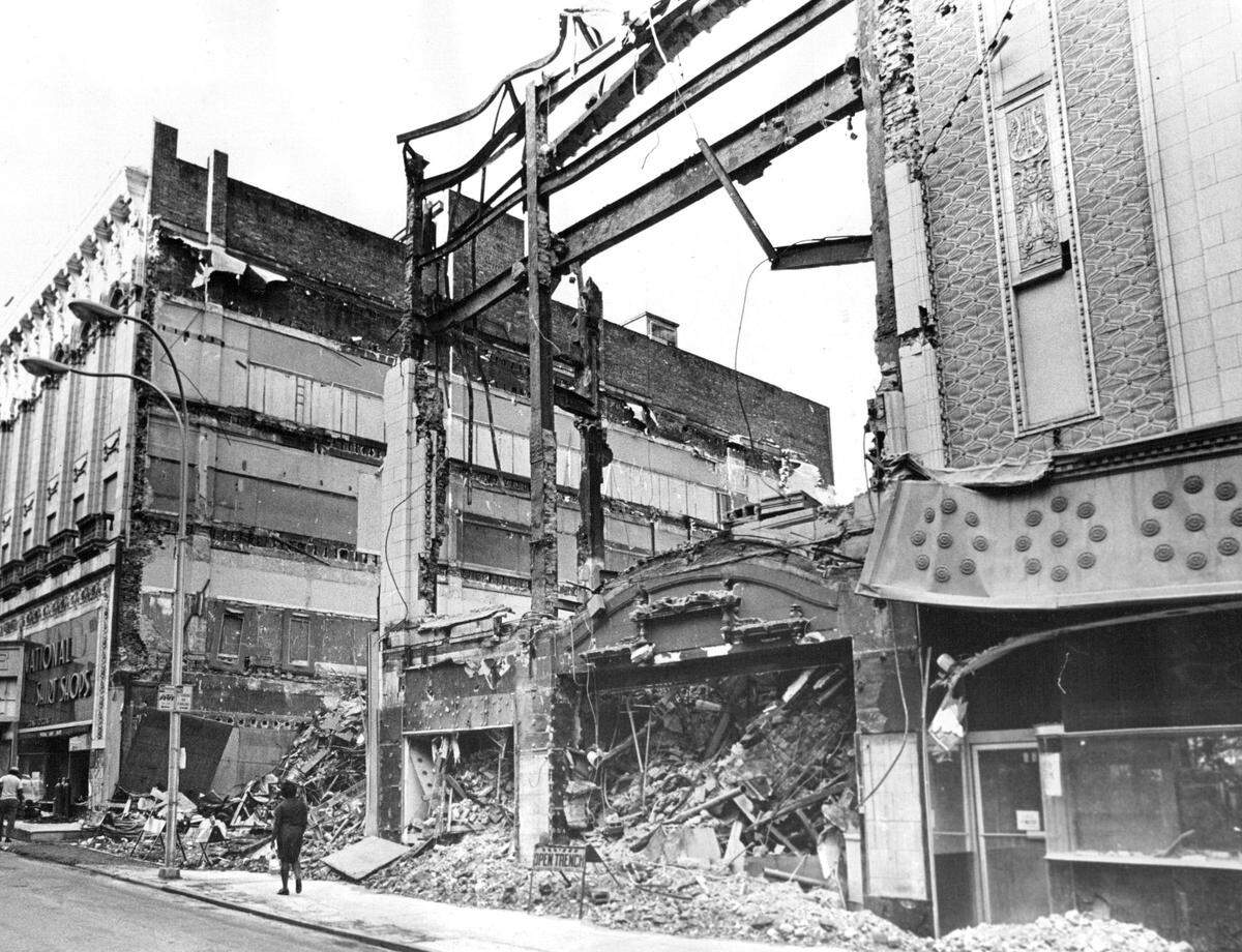Wrecking of downtown buildings on the west side of Main between 11th and 12th Streets for the Block 92 urban renewal project began in 1972.