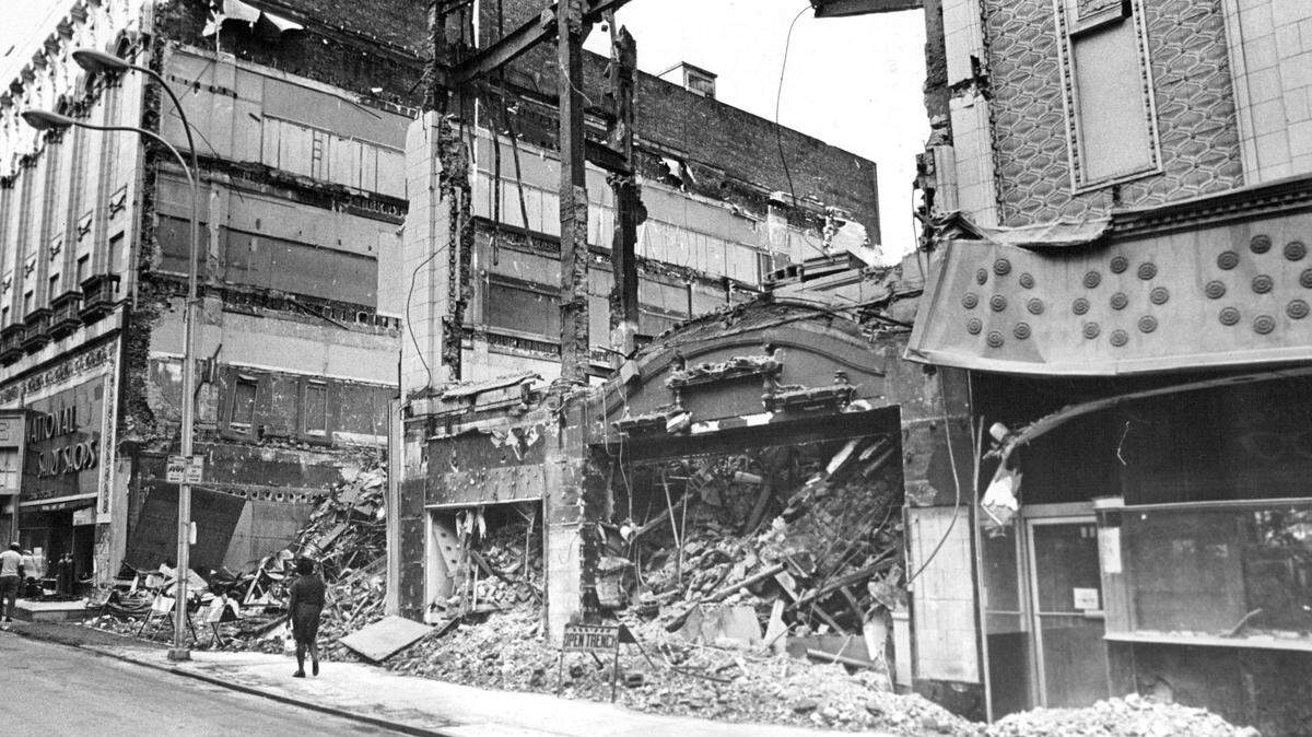 Downtown buildings were razed on the west side of Main Street between 11th and 12th Streets for the Block 92 urban renewal project began in 1972.