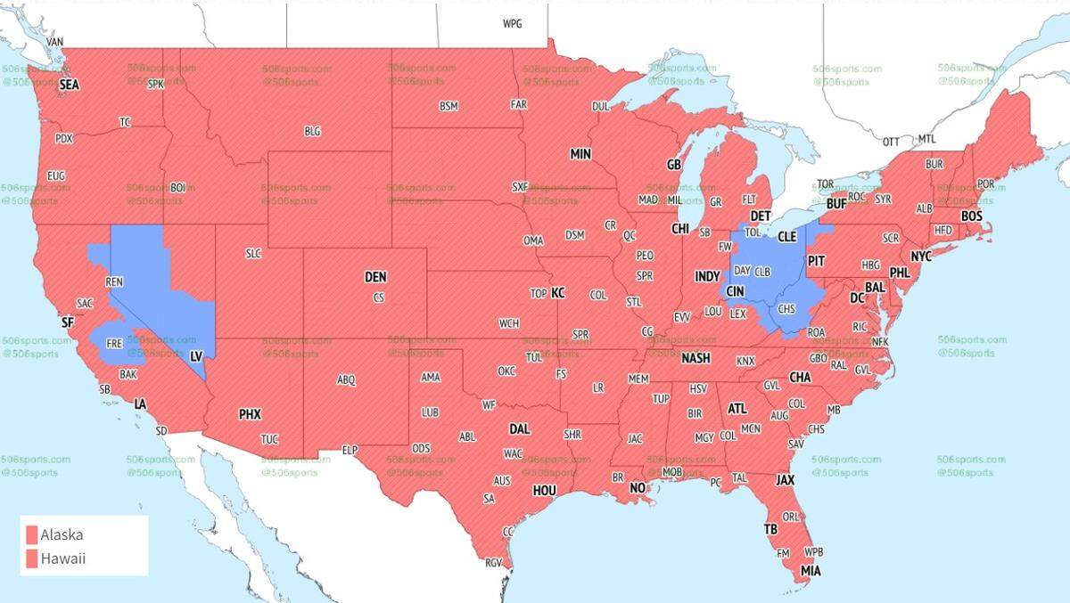 The Chiefs-Chargers game will be in the areas in red. The Raiders-Browns contest is in blue.