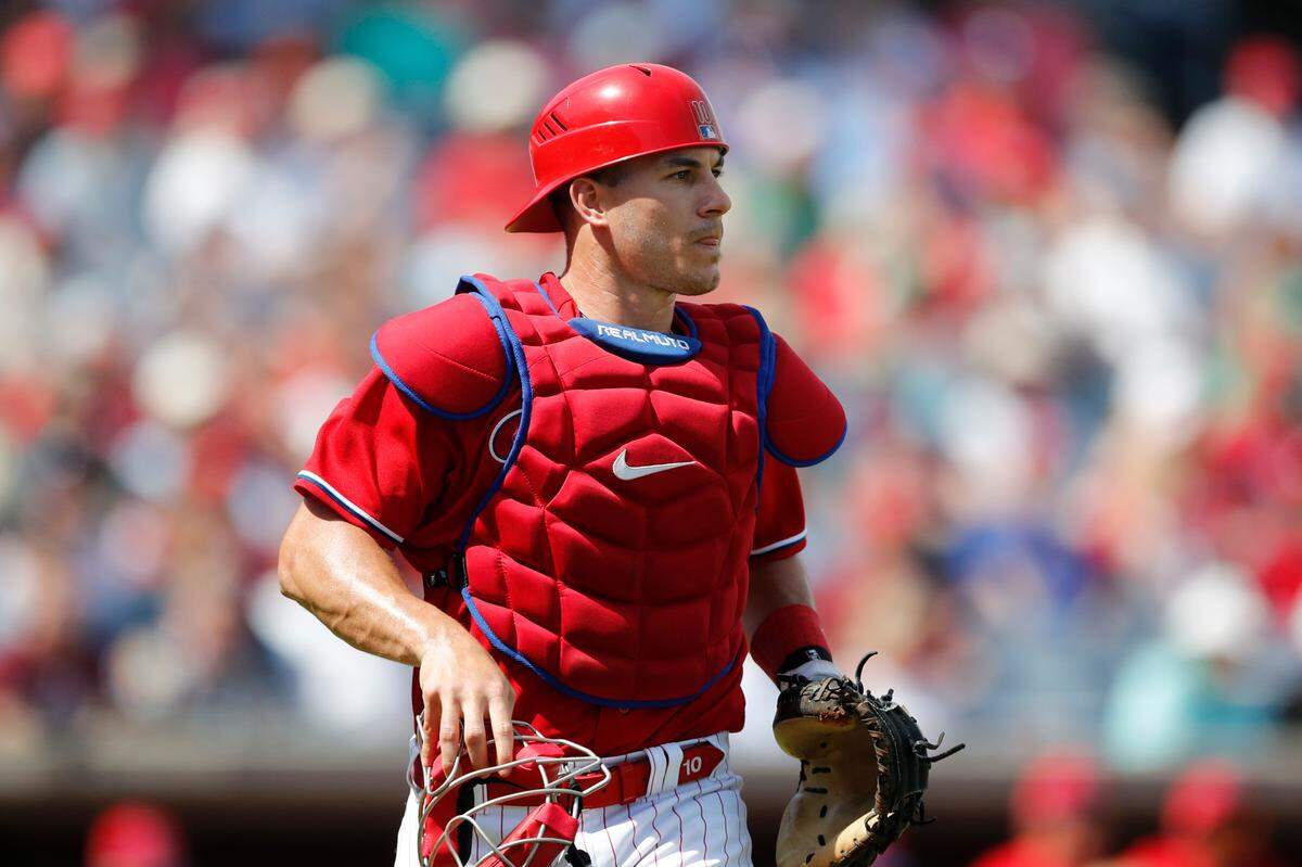 Philadelphia Phillies catcher J.T. Realmuto is seen during a spring training baseball game, Wednesday, March 4, 2020, in Clearwater, Fla. (AP Photo/Carlos Osorio)