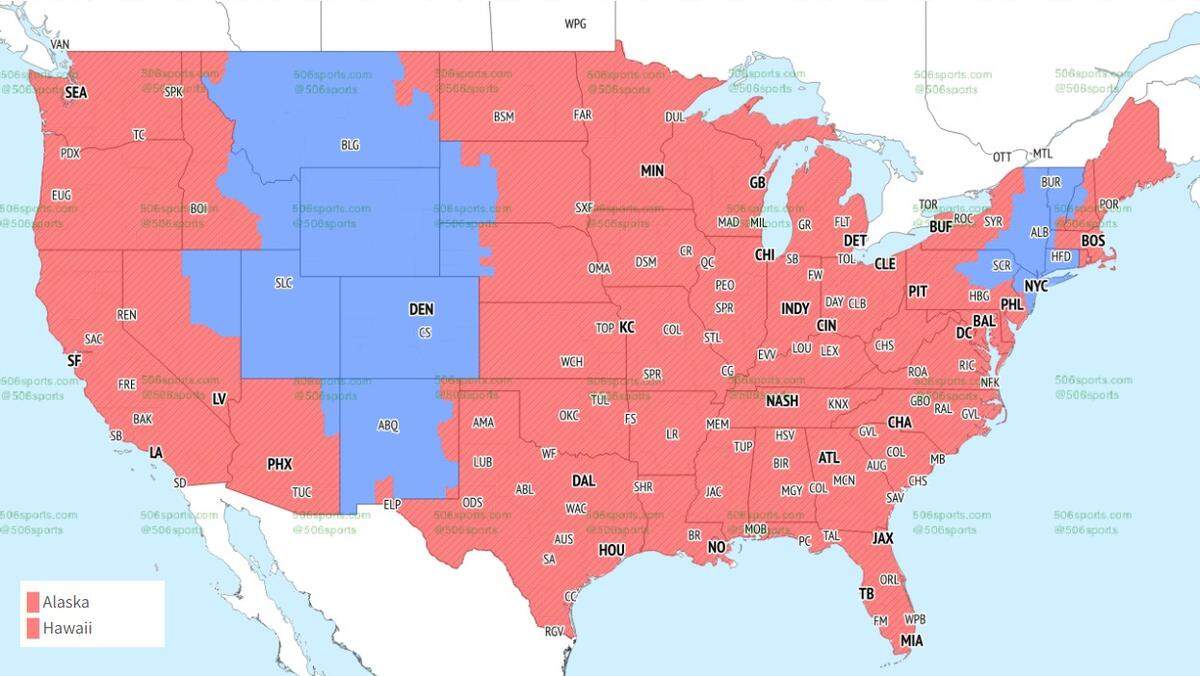The Chiefs-Vikings game will be seen in the areas in red, while the other areas will see Jets-Broncos.