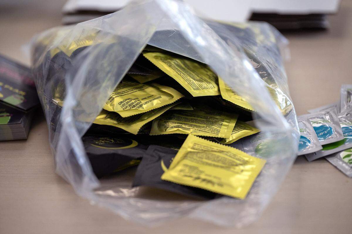 A bag of condoms sits among supplies used to assemble safer-sex kits at Our Spot KC on Thursday, June 4, 2026, in Kansas City.