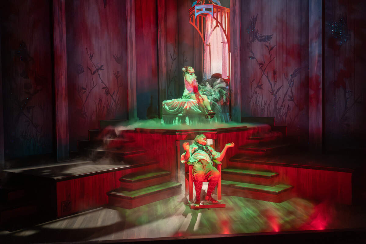 Elaine Elizabeth Clifford as Lucy and Harmon dot aut as Renfield in the Kansas City Repertory Theatre’s “Dracula,” on stage through Nov. 2 at the Copaken Stage.