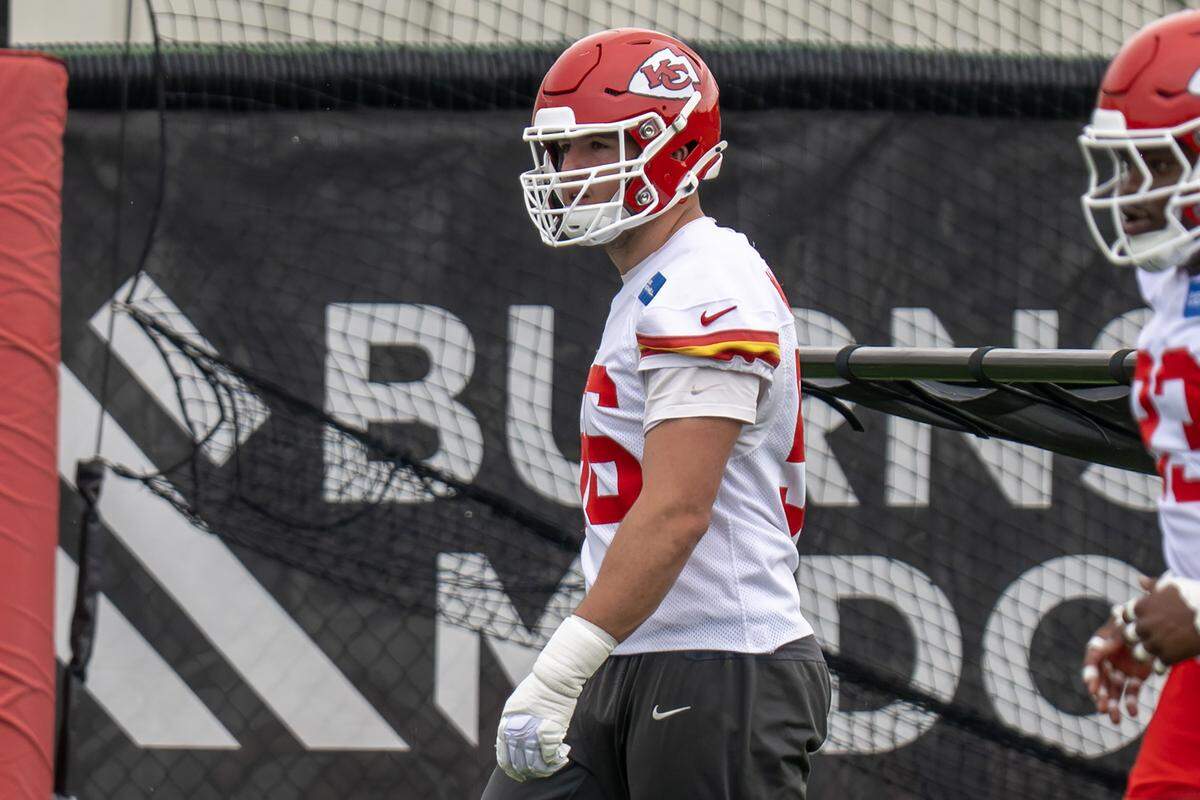Kansas City Chiefs defensive end George Karlaftis (56) warms up during practice at the Chiefs' training facility on Thursday, May 28, 2026, in Kansas City.