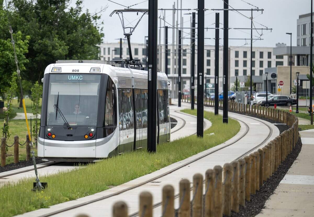 The KC Streetcar in Berkley Riverfront Park on Thursday, May 21, 2026, in Kansas City. Service to the park began on May 18, 2026.