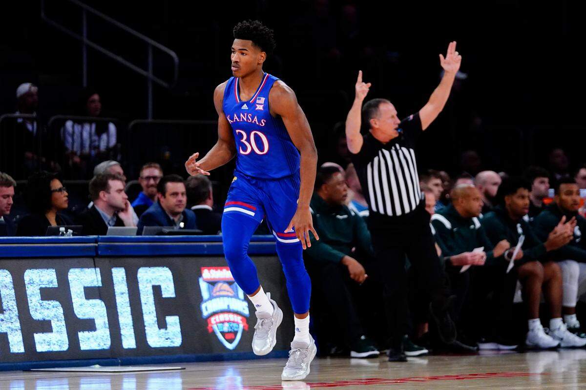 Kansas’ Ochai Agbaji led the Jayhawks with 29 points Tuesday against Michigan State in New York City.