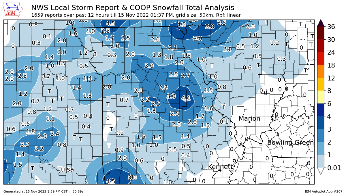 Parts of Missouri saw 3 to 4.5 inches of snowfall from a weak winter storm system that passed through the state. Snowfall in the Kansas City metro area varied, ranging from less than an inch to 1.5 inches of snow.