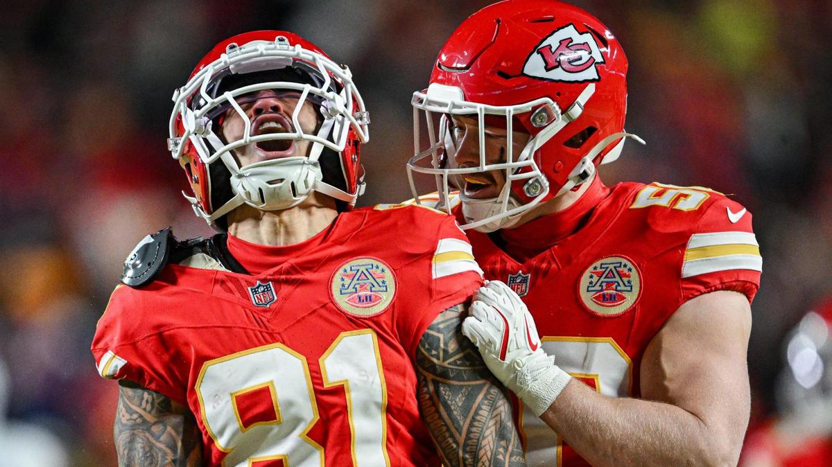 Kansas City Chiefs wide receiver Nikko Remigio (81) celebrates with linebacker Swayze Bozeman (50) after running pack a punt 44 yards in the second quarter against the Buffalo Bills during the AFC Championship Game on Sunday, Jan. 26, 2025, at GEHA Field at Arrowhead Stadium.