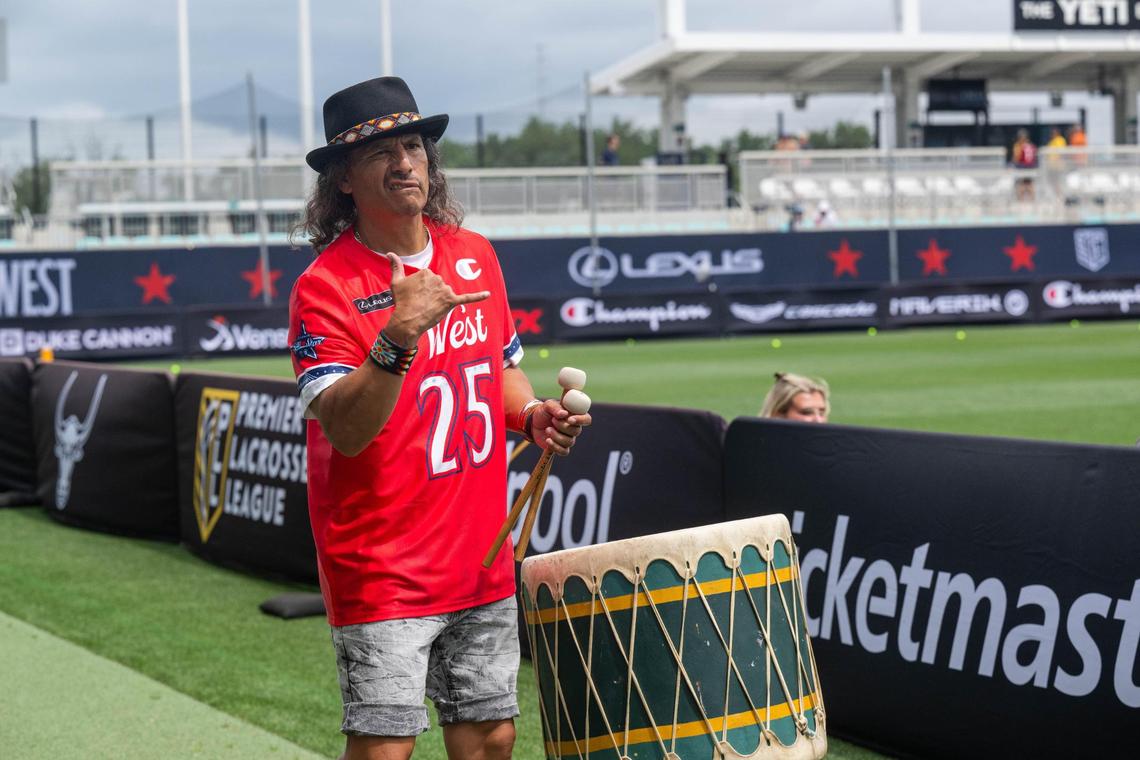 Jojo War Drummer salutes the crowd ahead of the Lexus Men’s Lacrosse League All-Star Game at CPKC Stadium on Saturday, July 5, 2025.