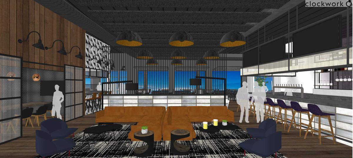 A rendering of the main bar on the ground level of the 52,000-square-foot golf and entertainment complex, overlooking the 200-yard green-turfed target range at T-Shotz.