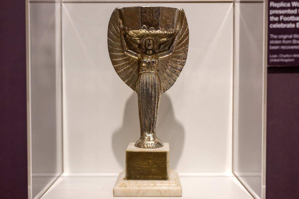 A replica World Cup trophy presented to Charlton FC by the Football Association to mark England's 1966 victory is displayed in the new exhibition “The Beautiful Game,” highlighting the role of soccer during World War I, at the National WWI Museum and Memorial on Wednesday, April 1, 2026, in Kansas City.