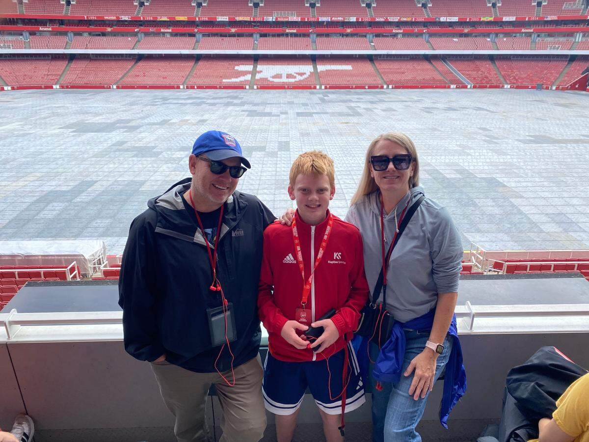 Jeff Stalnaker, Henry Stalnaker and Jen Black of Johnson County are in London this week for Henry’s soccer camp with Arsenal coaches.