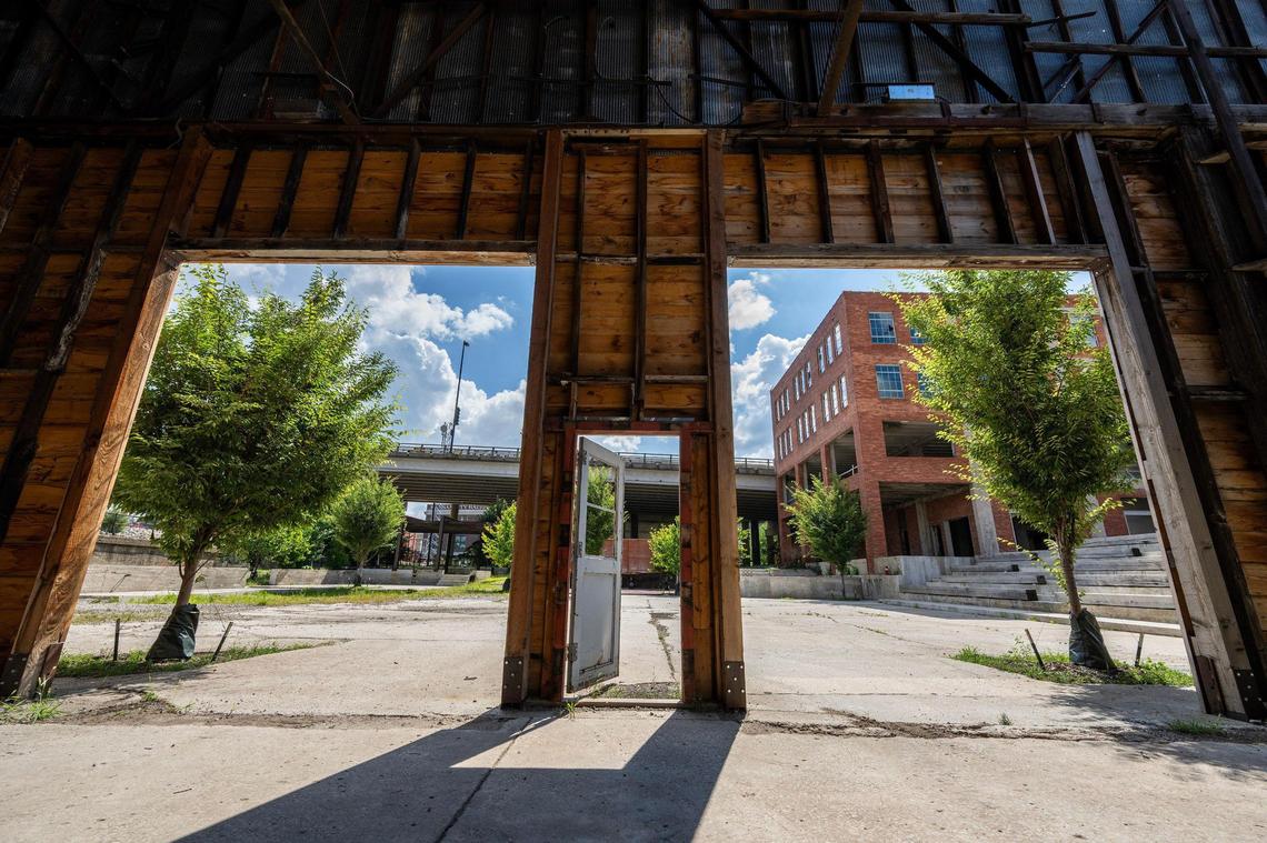 View from inside the Funkhouser Machinery Co. building at Pennway Point. When construction recommences, the building is slated to be renovated into Talegate Park to include a restaurant, bars, kitchen kiosks, an indoor/outdoor beer garden and mezzanine club with VIP seating.