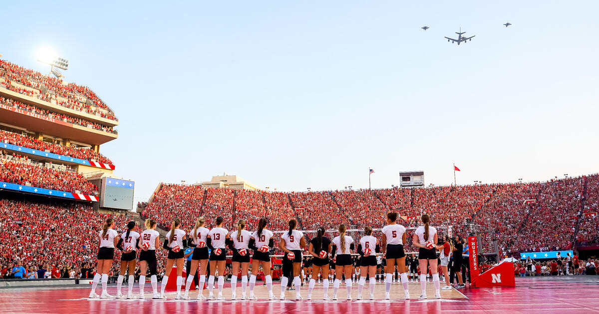 A KC-135 and three F-16 jets fly over the stadium during the national anthem before the match between the Nebraska Cornhuskers and the Omaha Mavericks at Memorial Stadium.