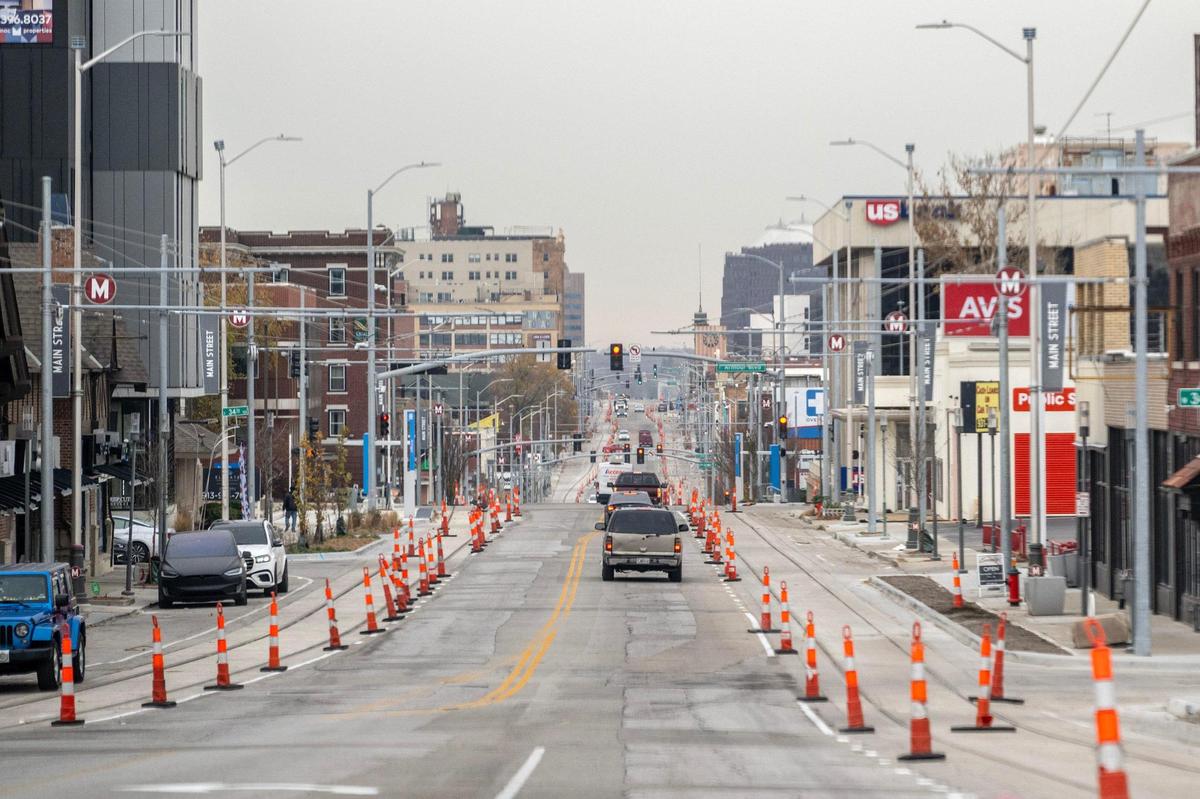 Construction cones line the Main Street streetcar extension route on Wednesday, Nov. 27, 2024, in Kansas City.