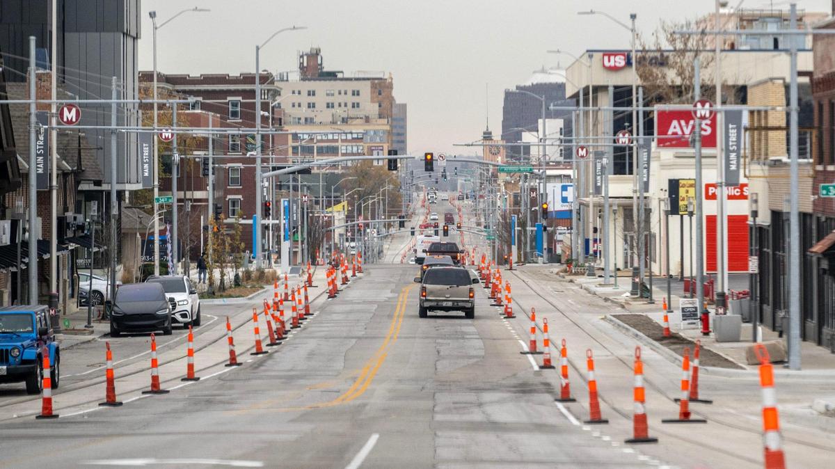 Construction cones line the Main Street streetcar extension route, but the midtown road will be repaved soon.