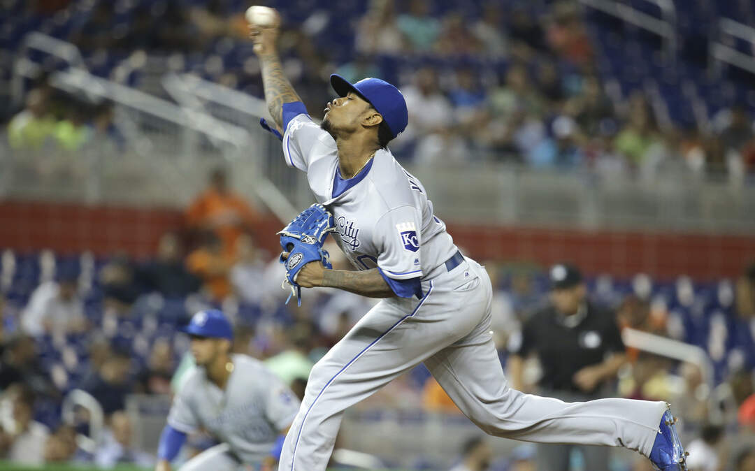 Kansas City Royals starting pitcher Yordano Ventura throws during the first inning of a baseball game against the Miami Marlins, Tuesday, Aug. 23, 2016, in Miami. 