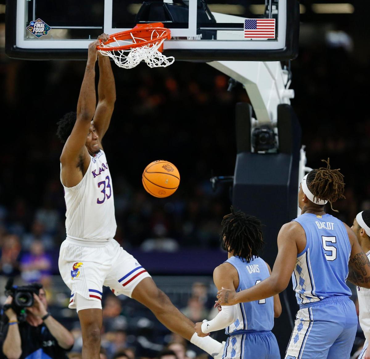 Kansas’ David McCormack during the ball during the second half of the national championship game against North Carolina at the Superdome in New Orleans on Monday night.