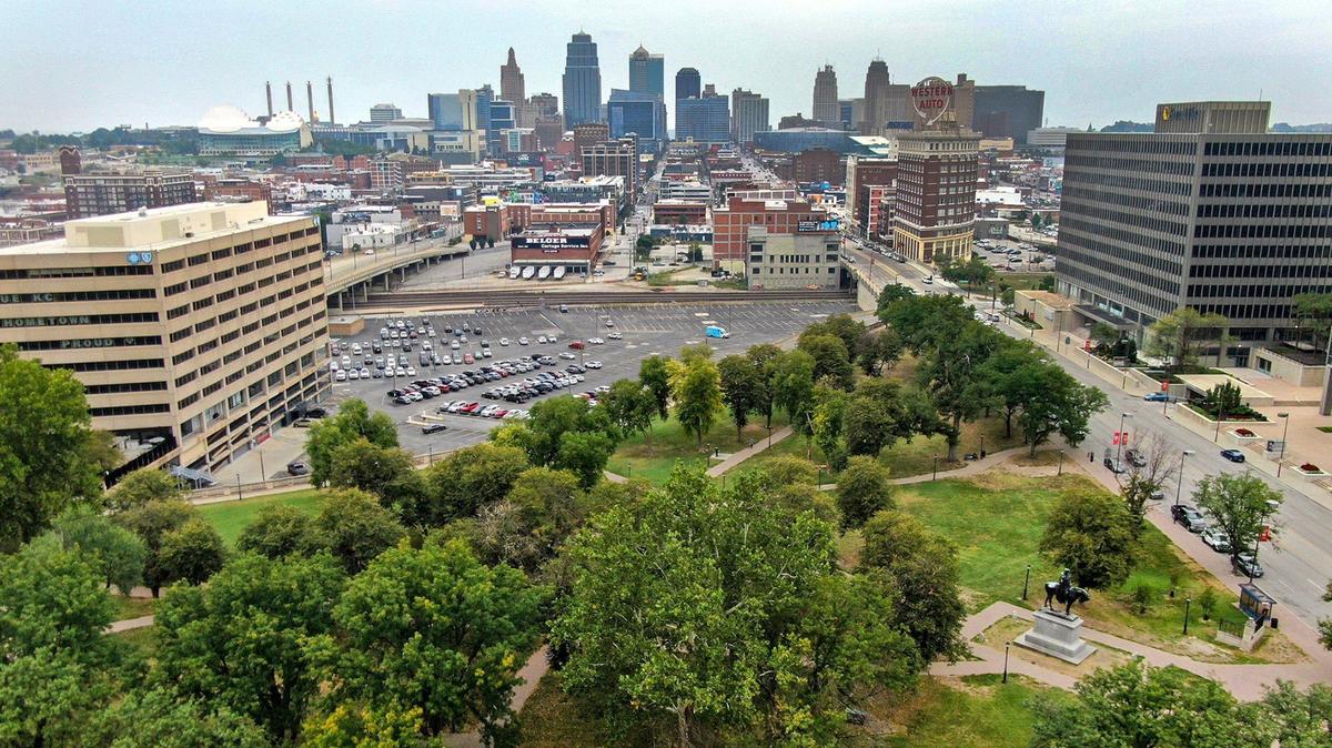 Kansas City's skyline is seen behind Washington Square Park, near Union Station and Crown Center.