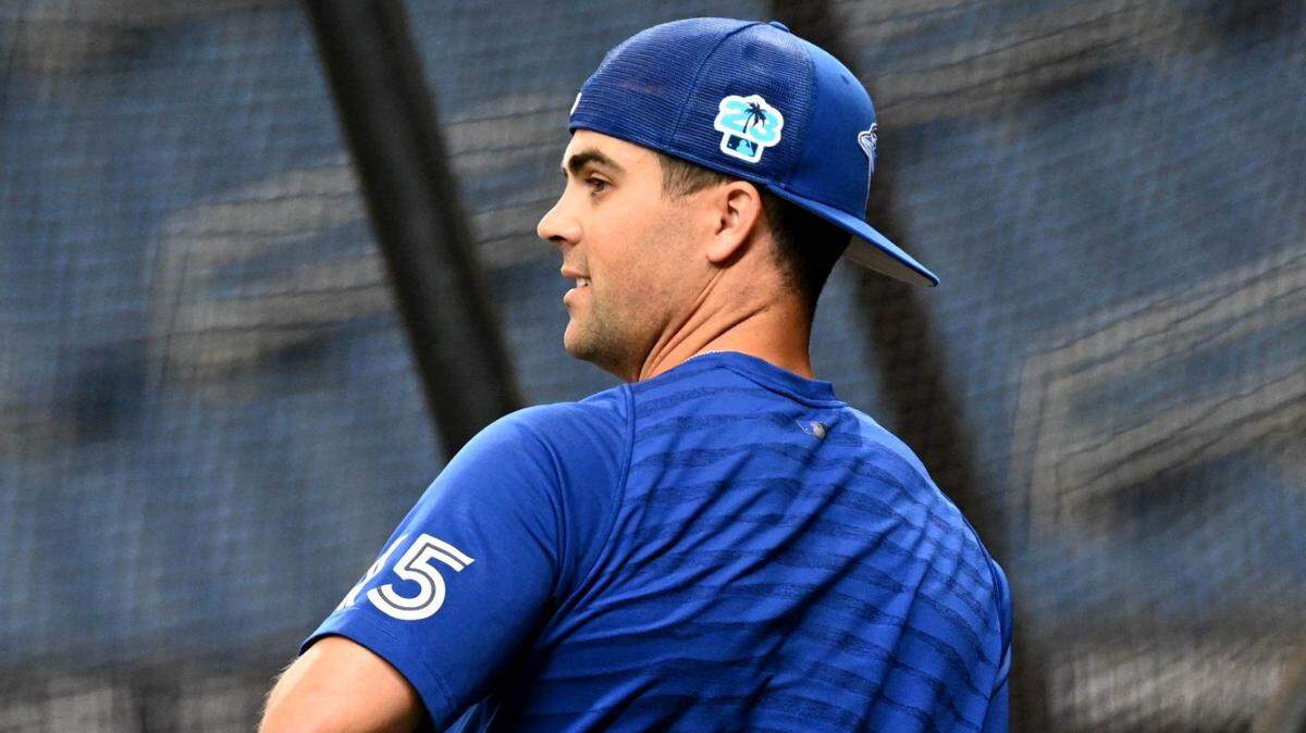 Mar 9, 2023; St. Petersburg, Florida, USA; Toronto Blue Jays second baseman Whit Merrifield (15) prepares to take batting practice before a spring training game against the Tampa Bay Rays at Tropicana Field. Mandatory Credit: Jonathan Dyer-USA TODAY Sports