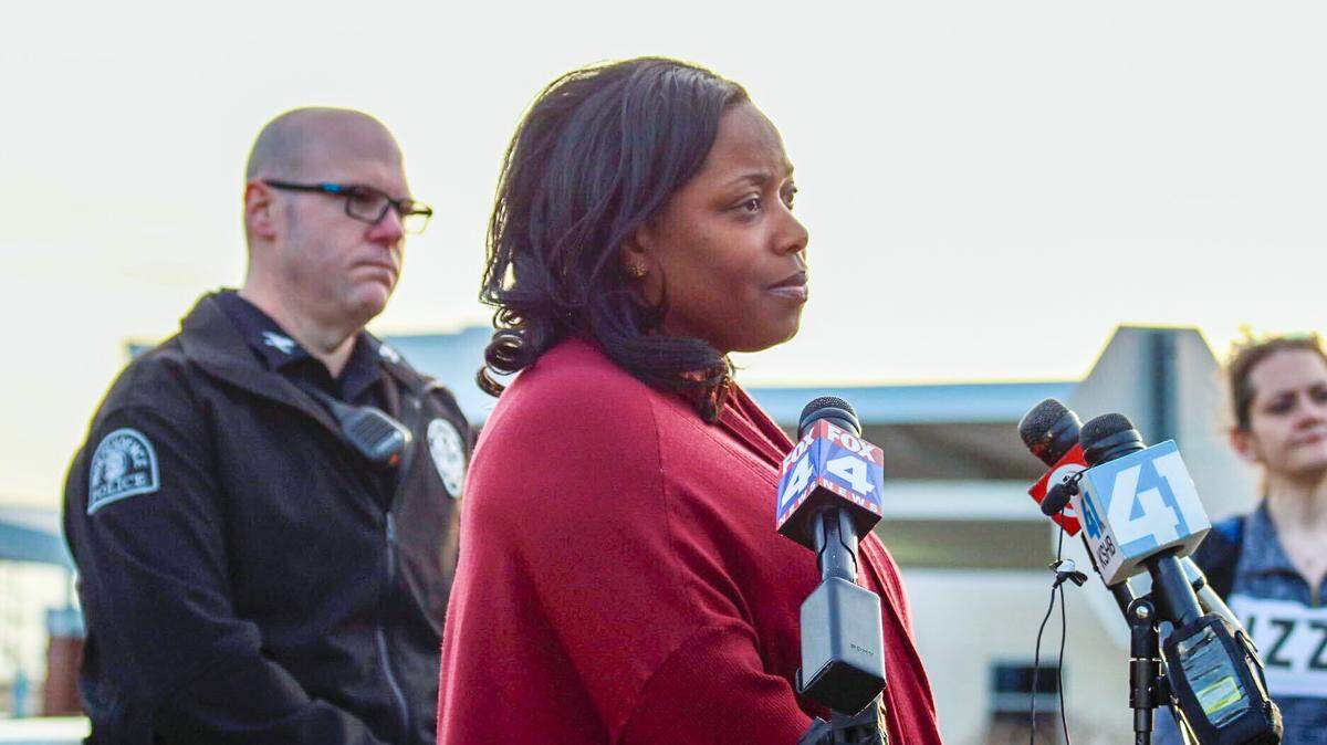 Jackson County 16th Judicial Circuit Presiding Judge Jalilah Otto announced at a news conference that Drexel Mack, a civil process server with the courts, was one of two people killed in a shooting in Independence Thursday. Independence Chief of Police Adam Dustman, left, delivered the news that police officer Cody Allen also died.