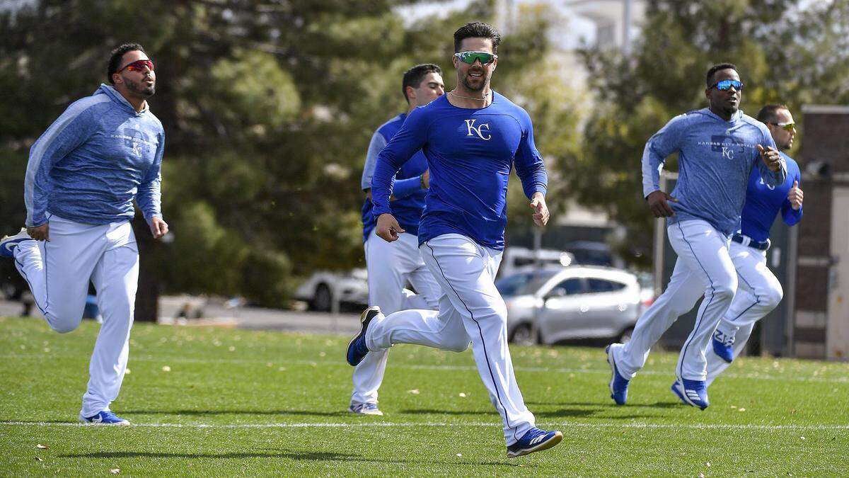 Kansas City Royals second baseman Whit Merrifield runs sprints with teammates on Monday, February 18, 2019 in Surprise, AZ.