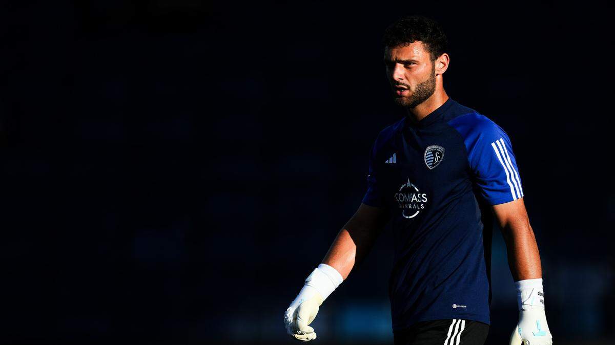 Sporting Kansas City goalkeeper John Pulskamp (1) warms up prior to a match against Toluca at Children’s Mercy Park on Aug. 4, 2023.