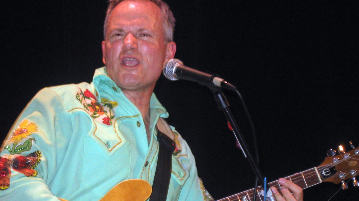 Bill Goffrier performing at an Embarrassment reunion show at Liberty Hall in Lawrence in 2006.