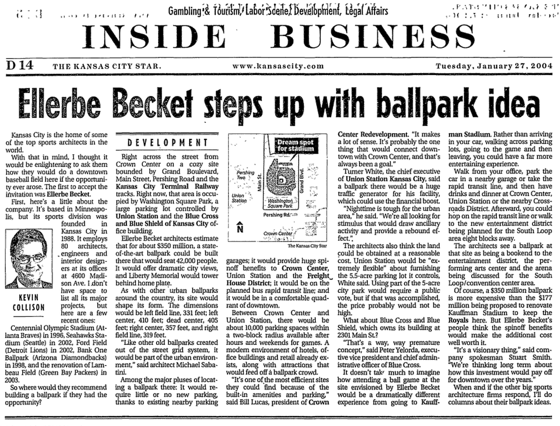 A column that ran in The Kansas City Star in 2004 proposing Washington Square Park as a site for a potential downtown Royals stadium.
