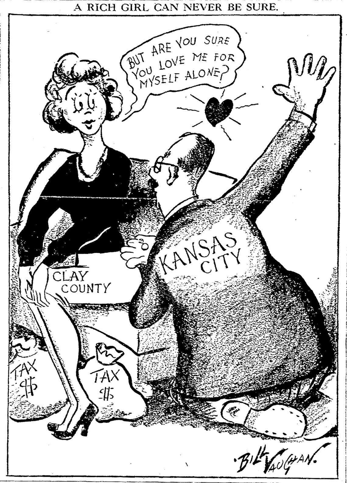 A 1946 political cartoon showing a desperate proposal from Cookingham to Clay County residents and their tax dollars.