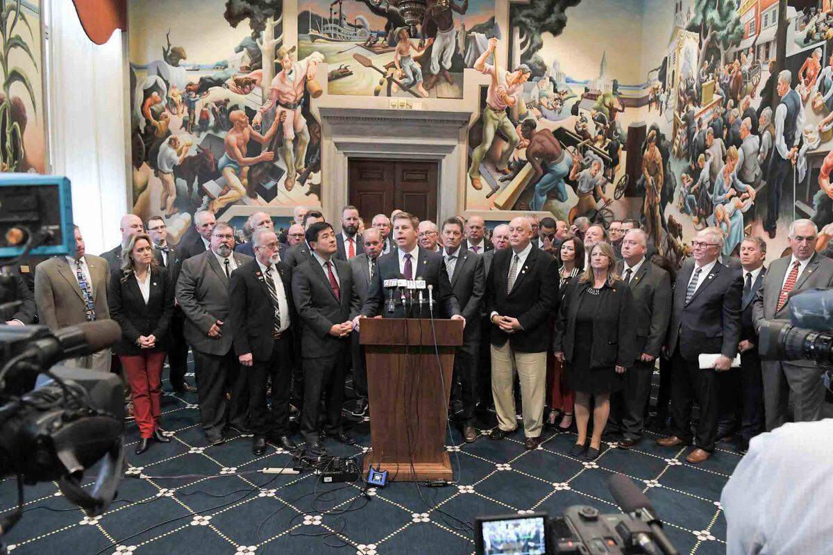 Missouri House Republicans address reporters after the first day of the 2024 legislative session on Jan. 3, 2024.