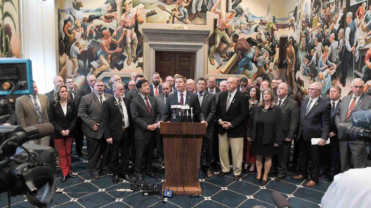 Missouri House Republicans address reporters after the first day of the 2024 legislative session on Jan. 3, 2024.