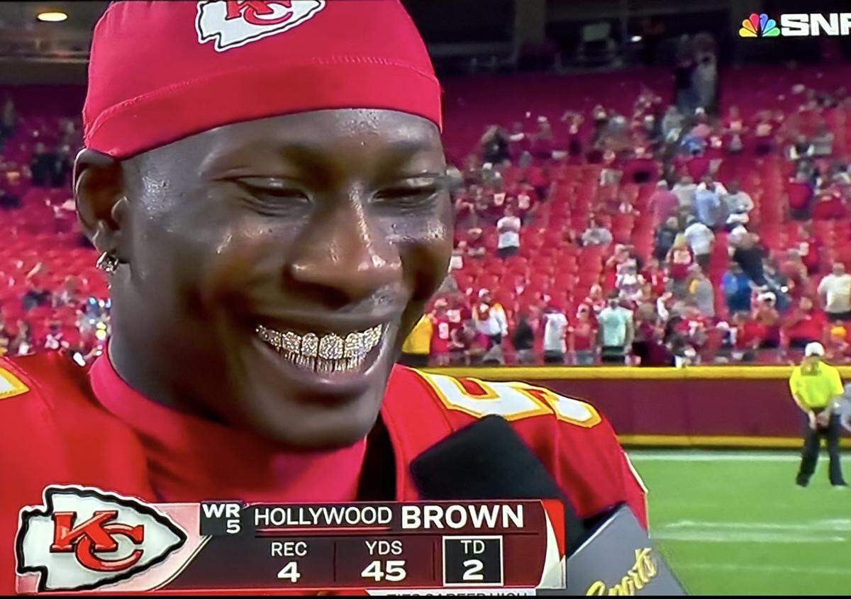 Hollywood Brown showed off some impressive teeth on “Sunday Night Football” after scoring two touchdowns for the Chiefs.
