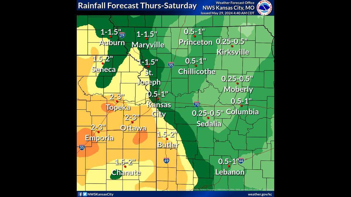 The streak of pleasant, dry weather will end in Kansas City as showers and thunderstorms are expected to end the week, according to the National Weather Service. None of the storms are expected to be severe.
