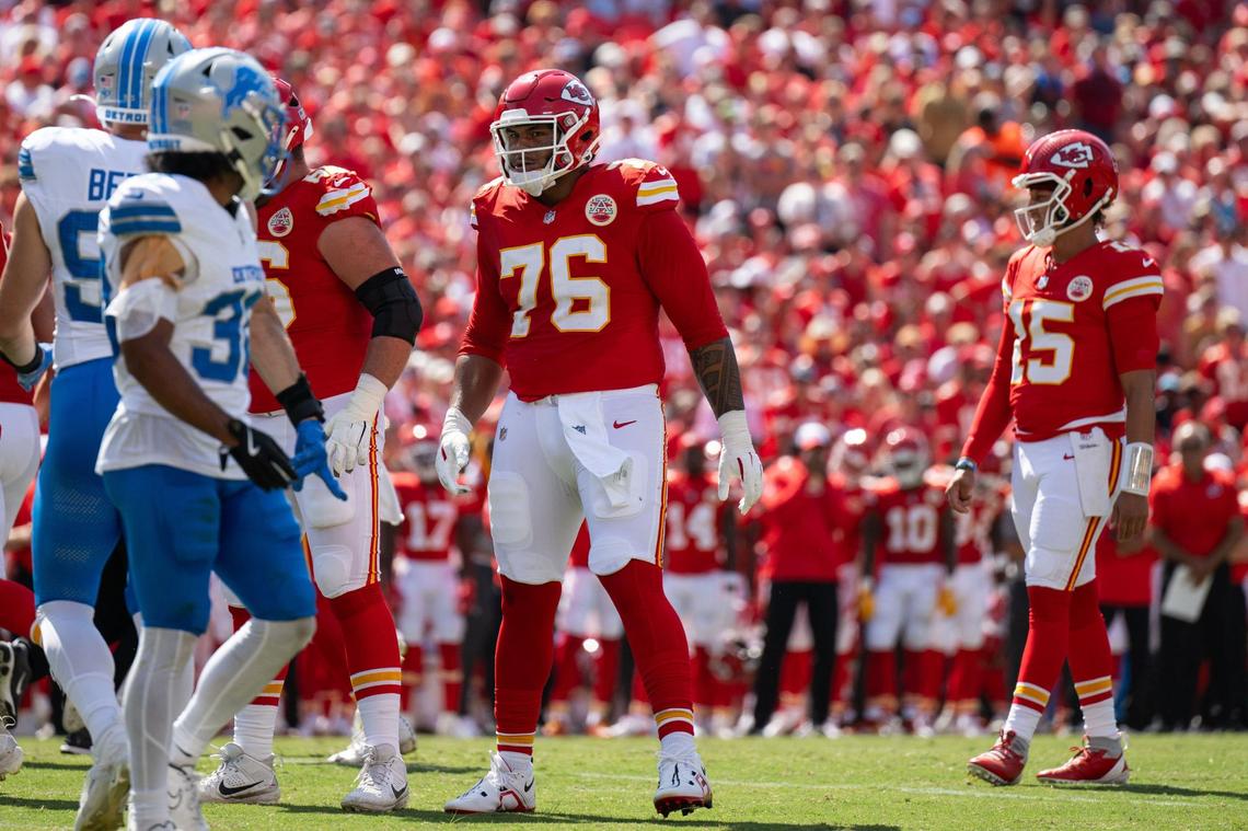 Kansas City Chiefs offensive tackle Kingsley Suamataia (76) lines up for a snap during the Chiefs preseason game Saturday with the Detroit Lions. (081724, Arrowhead Stadium)
