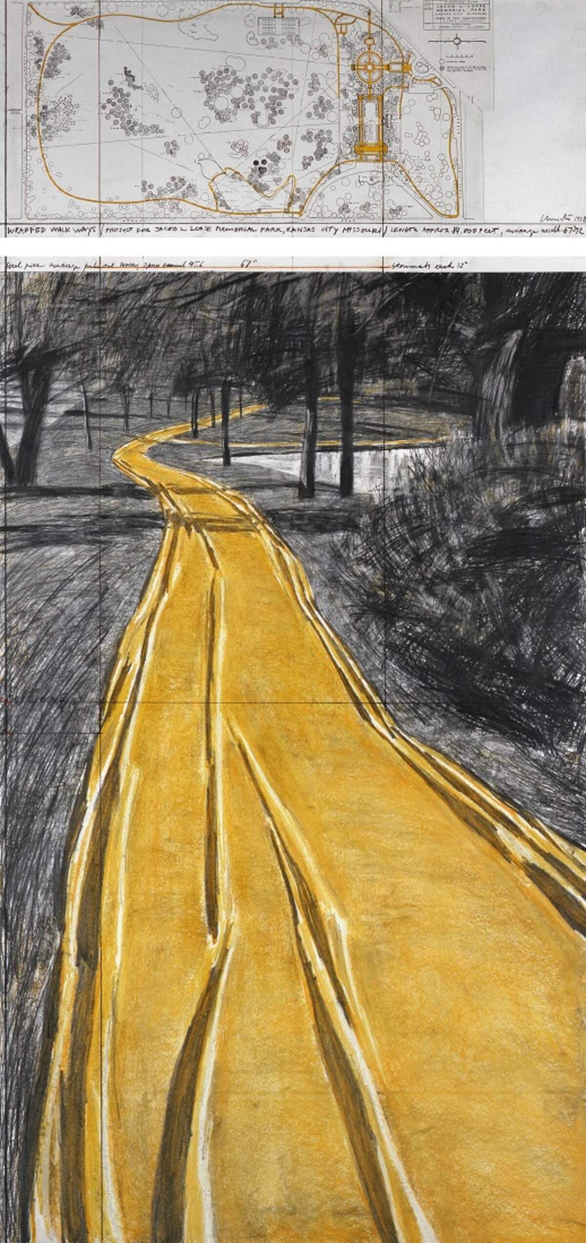 Drawing and map by Christo and Jean-Claude of ‘Wrapped Walk Ways,’ part of materials donated to the Nelson-Atkins Museum of Art.