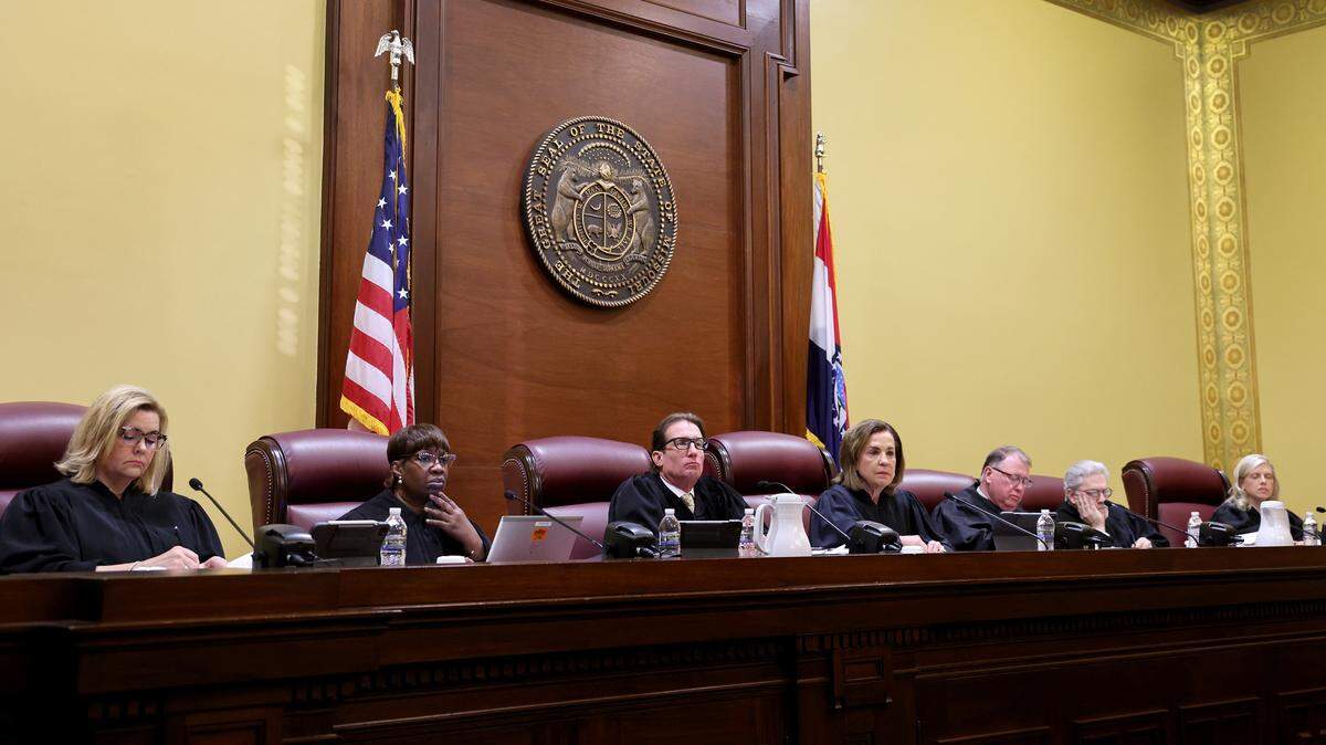 The Missouri Supreme Court takes the bench on Tuesday, Sept. 10, 2024 in Jefferson City to hear a case questioning whether an amendment to overturn the states abortion ban will remain on the states November ballot. From left are Judges Kelly C. Broniec, Robin Ransom, W. Brent Powell, Chief Justice Mary R. Russell, Zel. M. Fischer, Paul C. Wilson and Ginger K. Gooch.