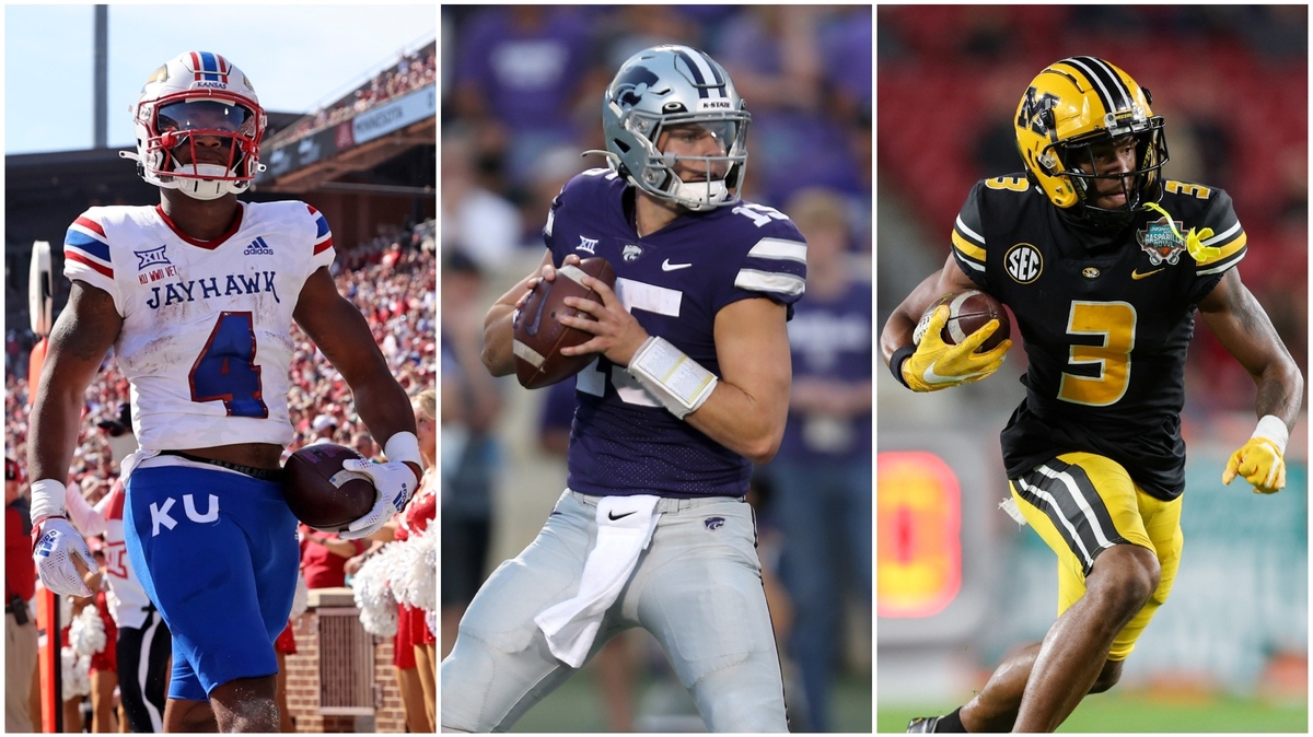 Kansas, K-State and Missouri are each coming off bowl seasons entering 2023. Their top returning players include KU running back Devin Neal (left), KSU quarterback Will Howard (middle) and MU wide receiver Luther Burden.